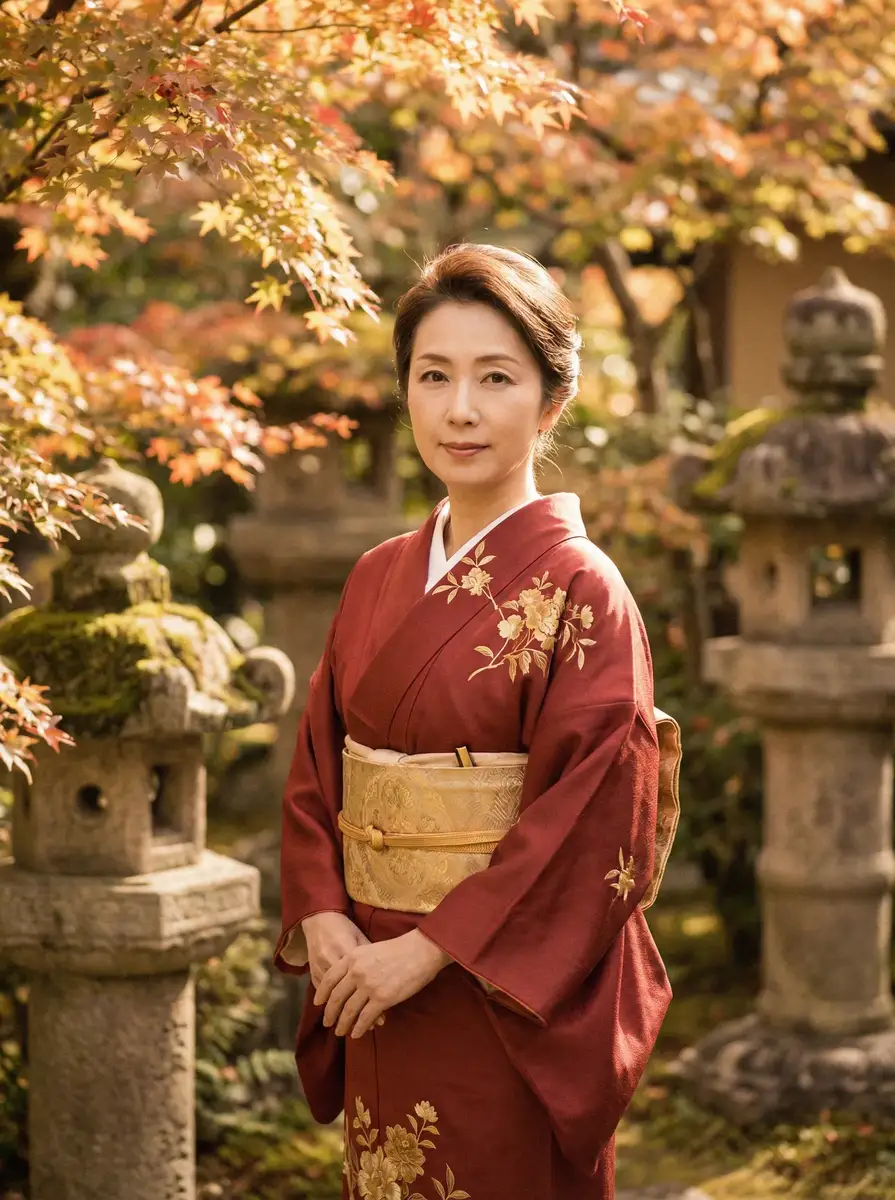 一位身穿暗红色和服的优雅 吉祥坊娱乐 在日式庭院中